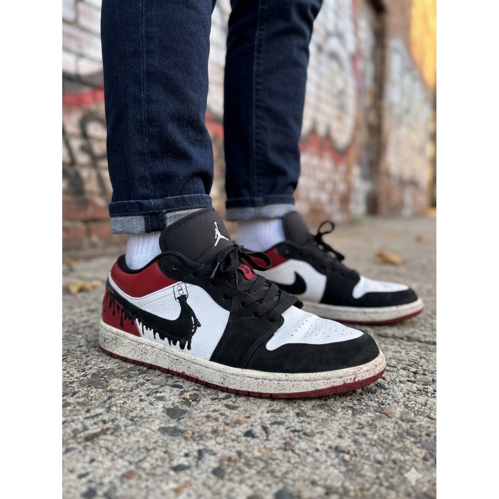 Custom Jordan 1 Low Black Toe Red White Sneakers Mens